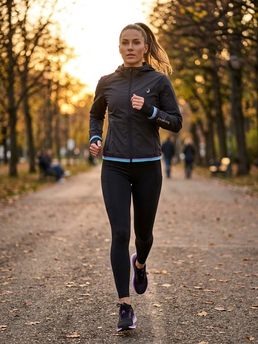 Woman running in the black windbreaker and black leggings.